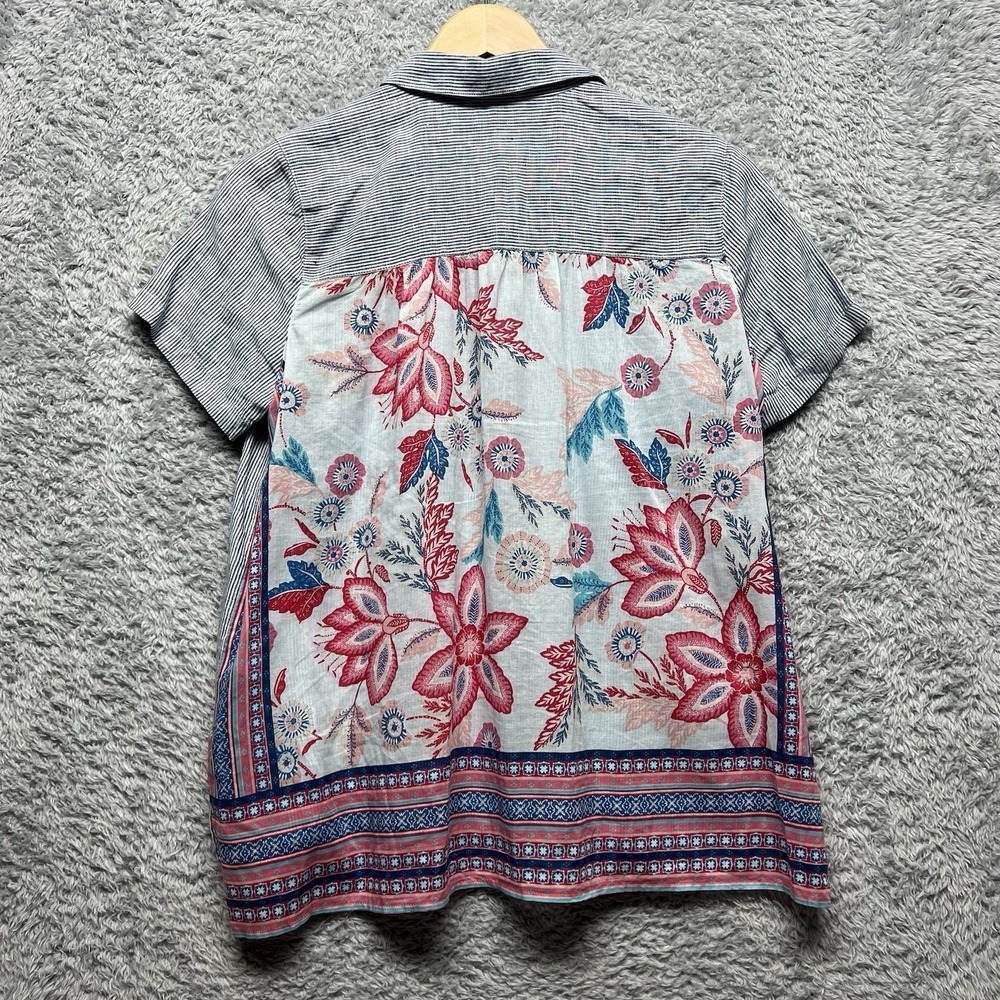 J. Jill Top Womens XS Blue Floral Stripe Mixed Media Linen Button Up Blouse